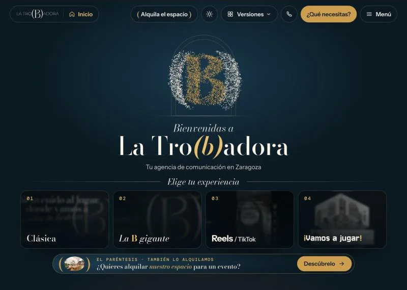 Portada de la nueva web de La Tro(b)adora, con cuatro experiencias para elegir